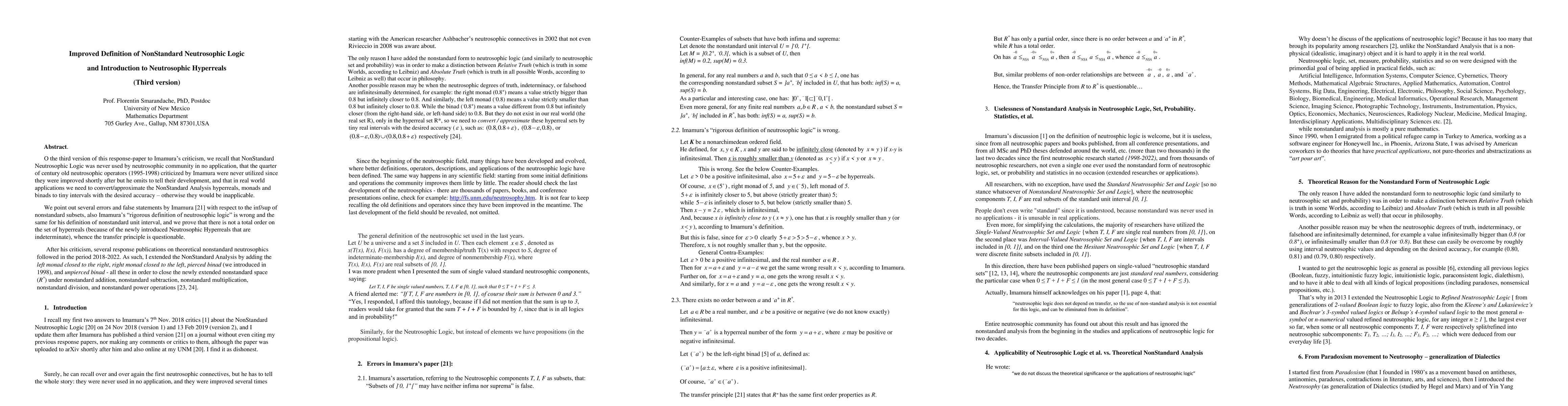 Thumbnail for Improved Definition of NonStandard Neutrosophic Logic and Introduction
  to Neutrosophic Hyperreals