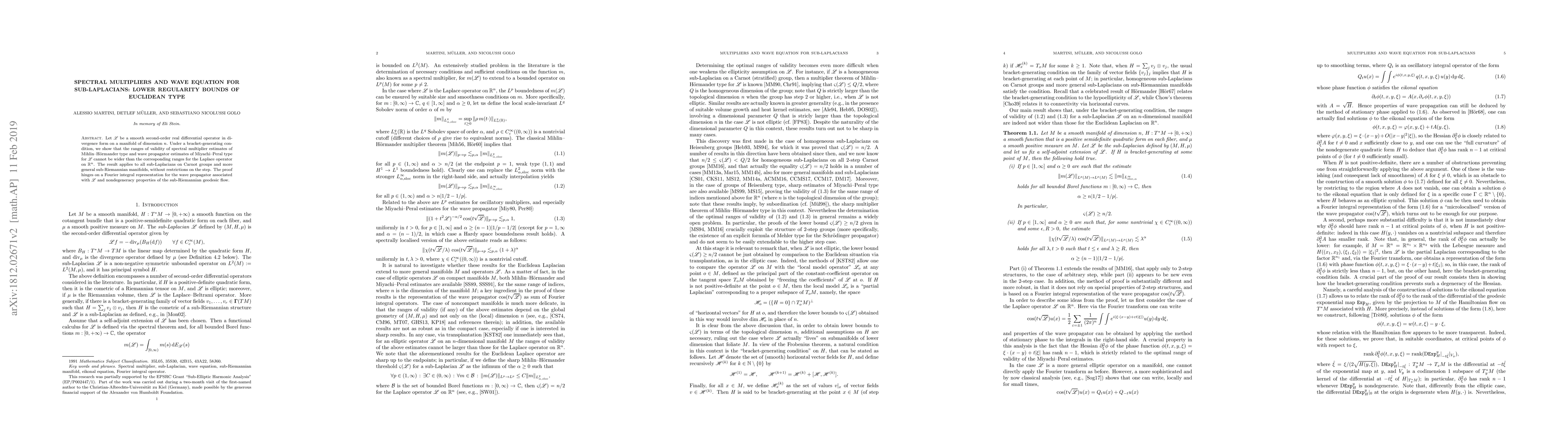 Thumbnail for Spectral multipliers and wave equation for sub-Laplacians: lower
  regularity bounds of Euclidean type