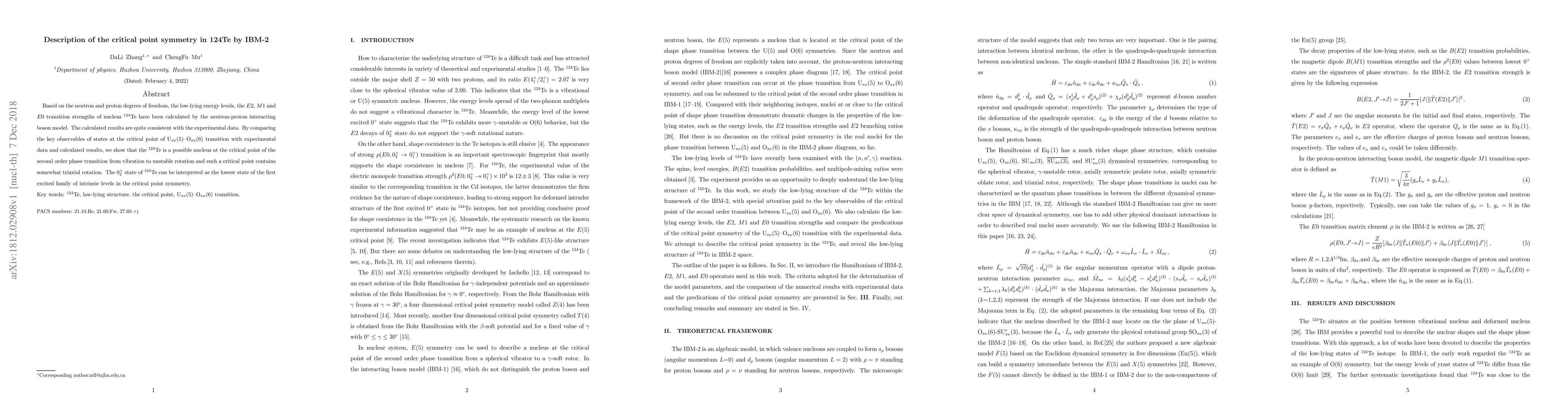 Thumbnail for Description of the critical point symmetry in 124Te by IBM-2
