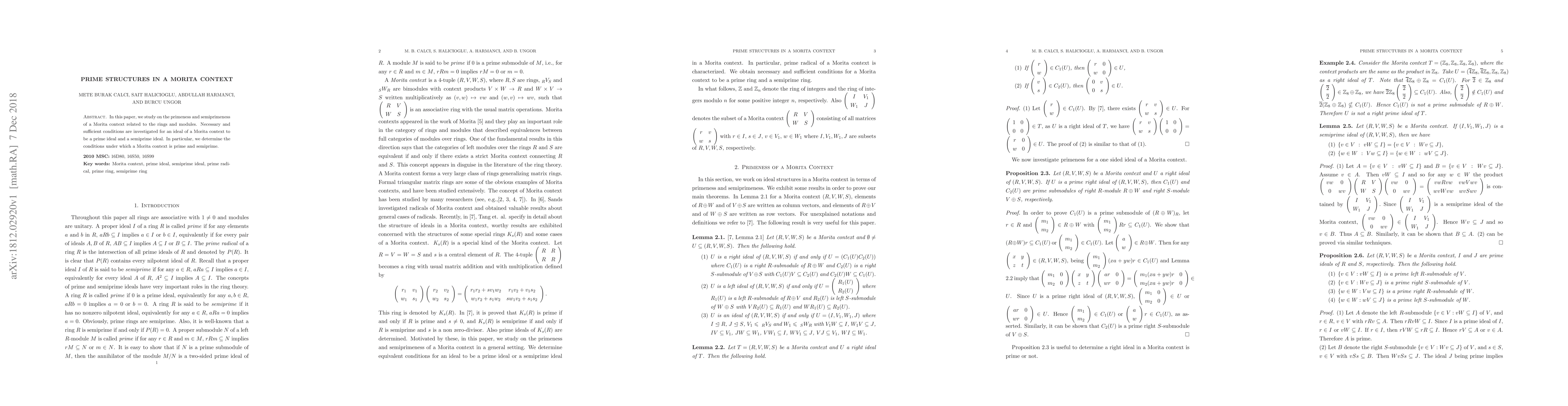 Thumbnail for Prime Structures in a Morita Context
