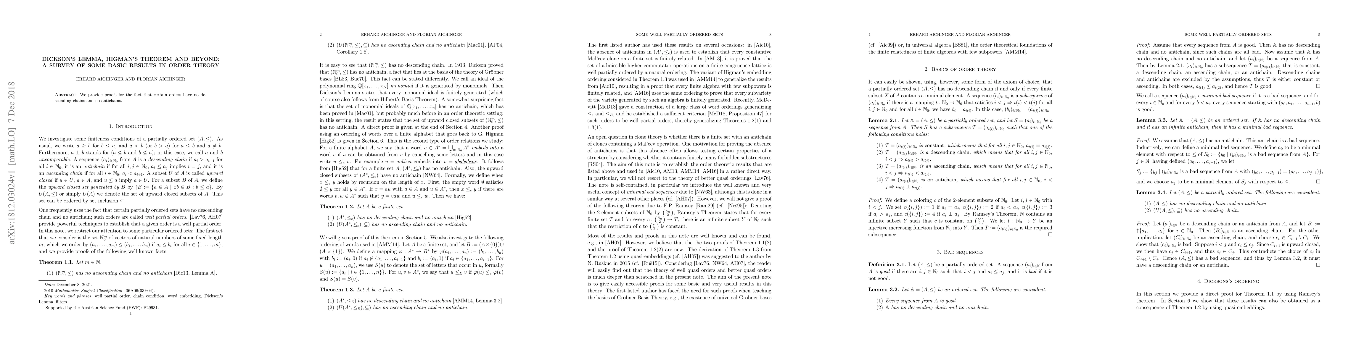 Thumbnail for Dickson's Lemma, Higman's Theorem and Beyond: a survey of some basic
  results in order theory