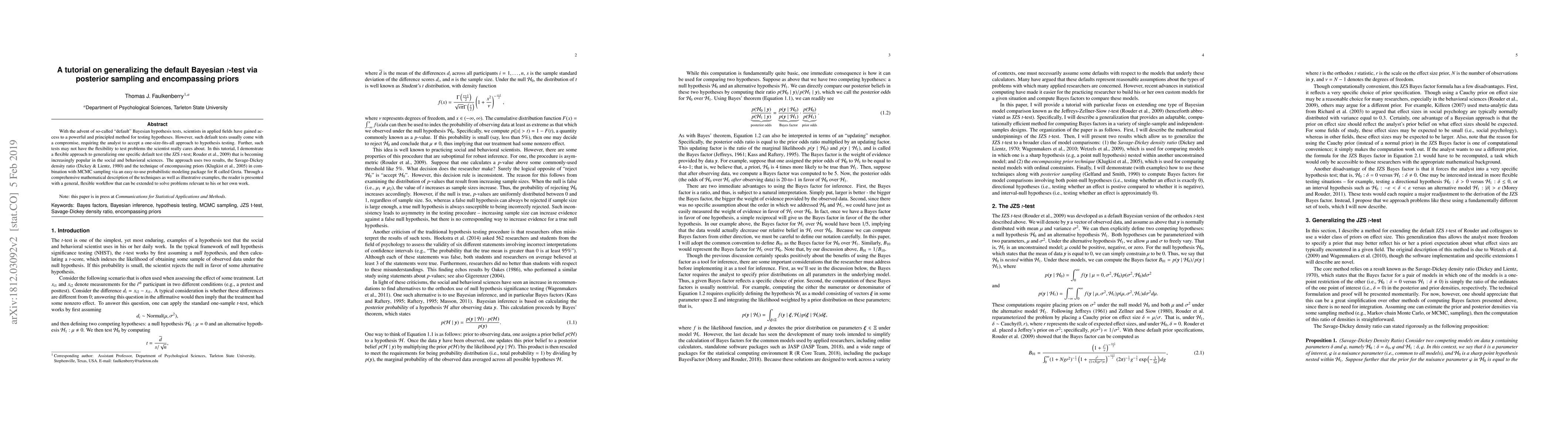 Thumbnail for A tutorial on generalizing the default Bayesian t-test via posterior
  sampling and encompassing priors