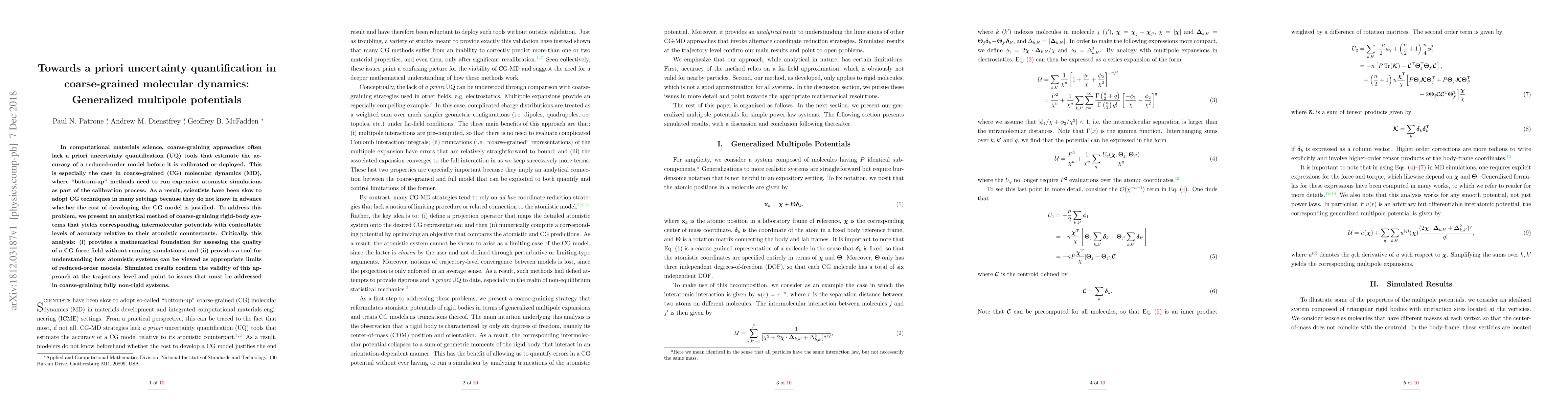 Thumbnail for Towards a priori uncertainty quantification in coarse-grained molecular
  dynamics: Generalized multipole potentials