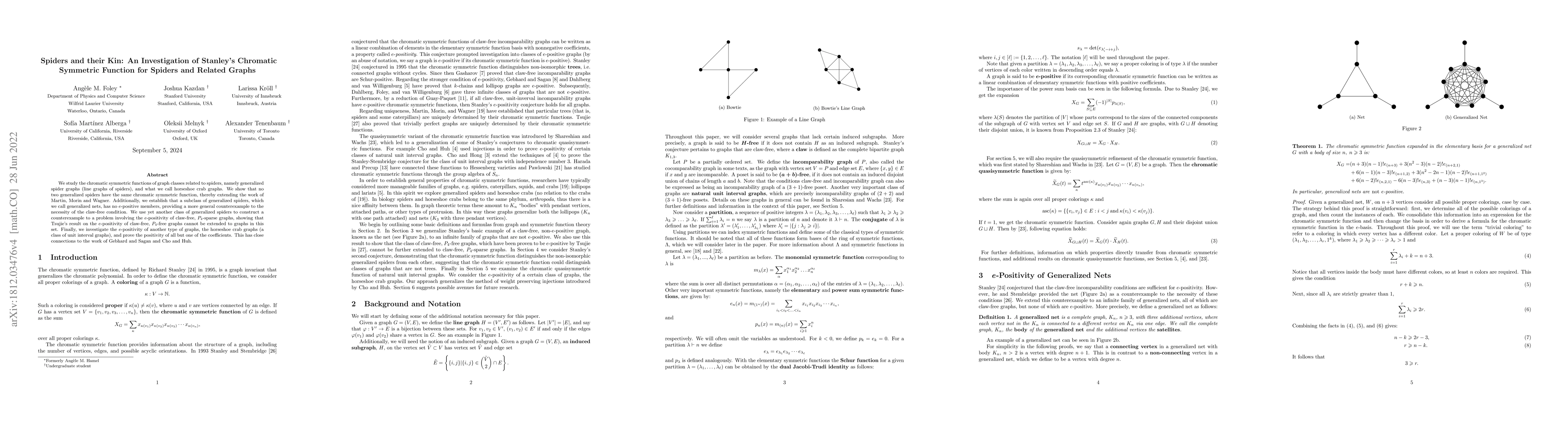 Thumbnail for Spiders and their Kin: An Investigation of Stanley's Chromatic Symmetric
  Function for Spiders and Related Graphs