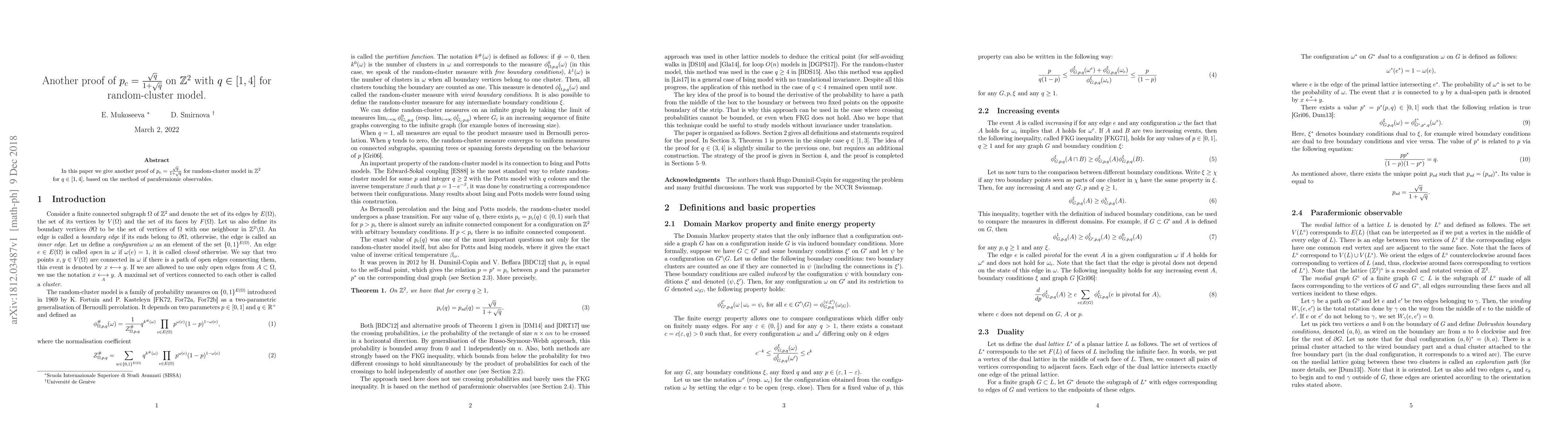 Thumbnail for Another proof of $p_c = \frac{\sqrt{q}}{1+\sqrt{q}}$ on $\mathbb{Z}^2$
  with $q \in [1,4]$ for random-cluster model