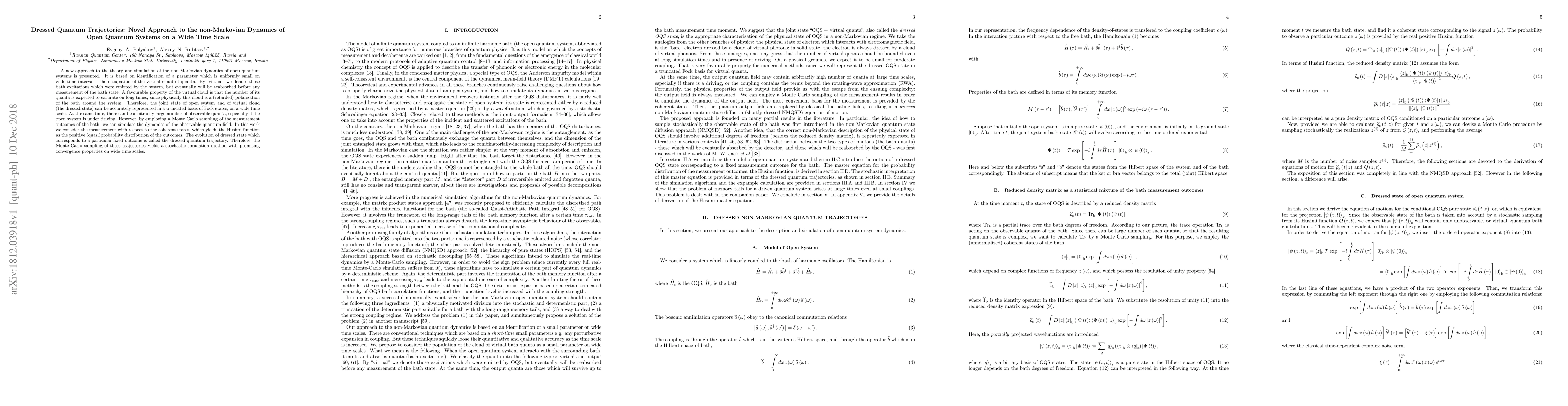 Thumbnail for Dressed Quantum Trajectories: Novel Approach to the non-Markovian
  Dynamics of Open Quantum Systems on a Wide Time Scale