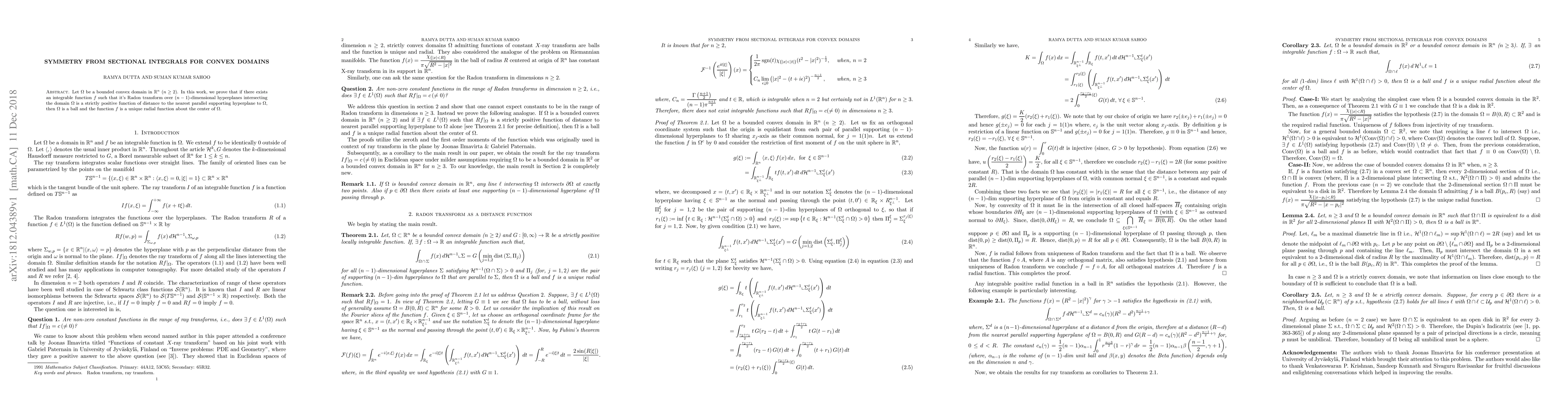 Thumbnail for Symmetry from sectional integrals for convex domains