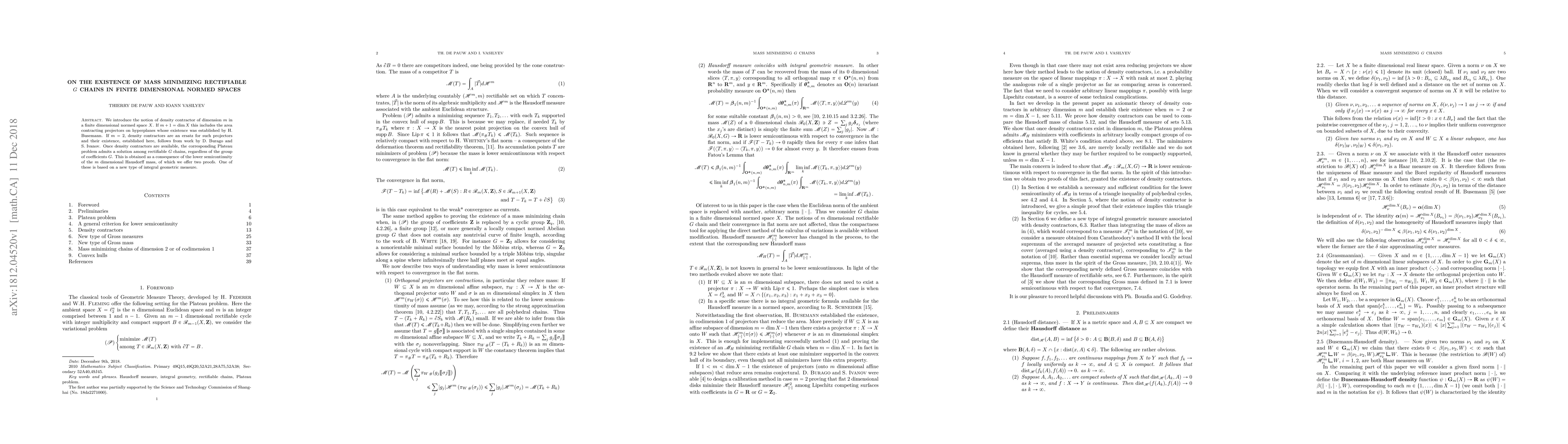 Thumbnail for On the existence of mass minimizing rectifiable G chains in finite
  dimensional normed spaces