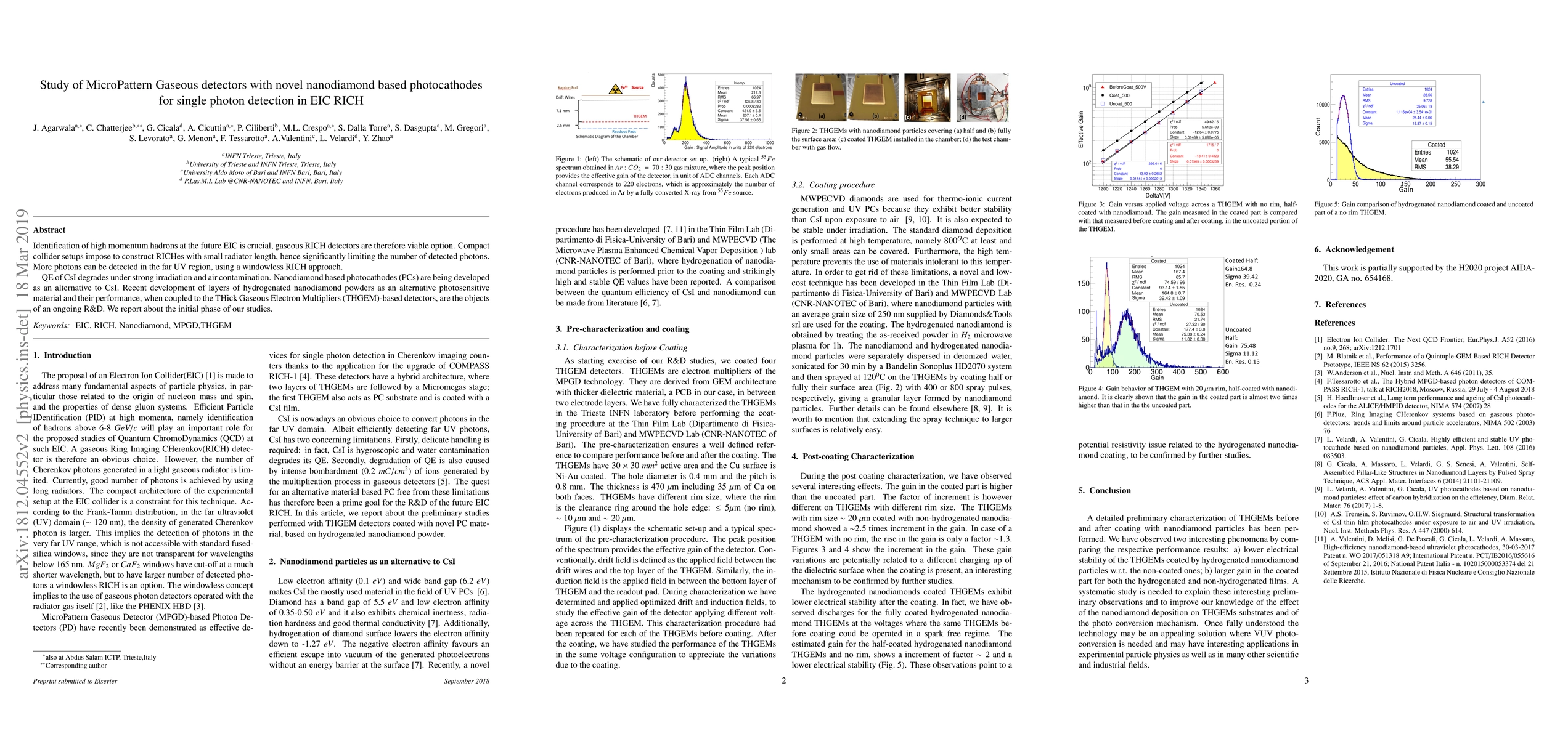 Thumbnail for Study of MicroPattern Gaseous detectors with novel nanodiamond based
  photocathodes for single photon detection in EIC RICH