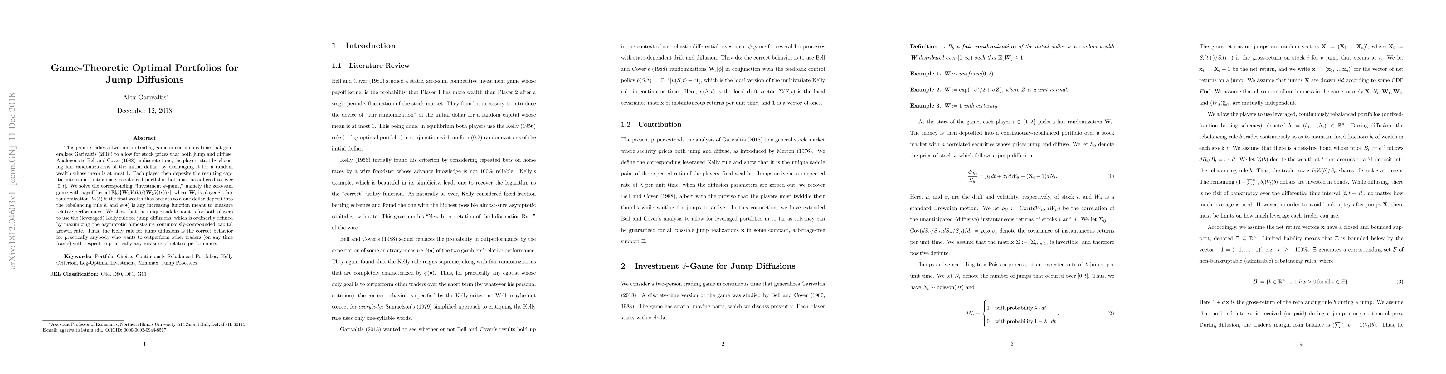 Thumbnail for Game-Theoretic Optimal Portfolios for Jump Diffusions