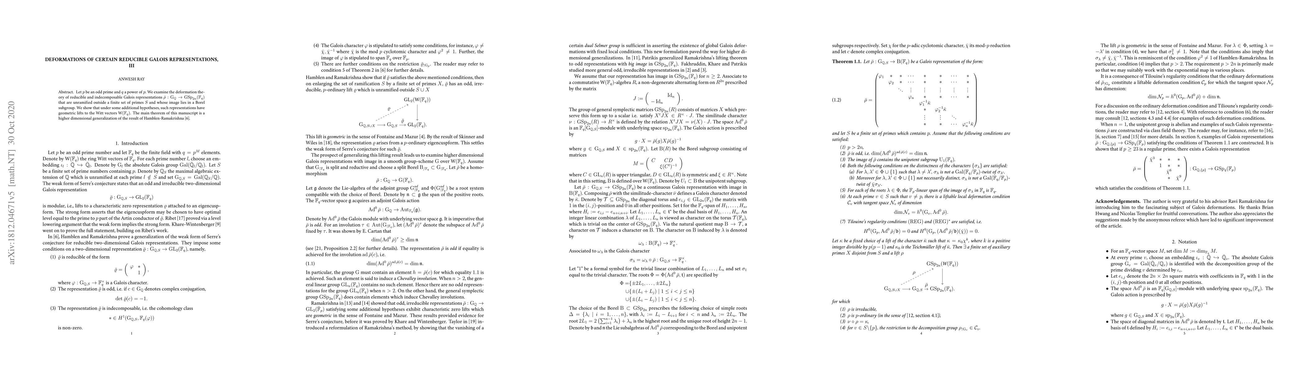 Thumbnail for Deformations of Certain Reducible Galois Representations, III