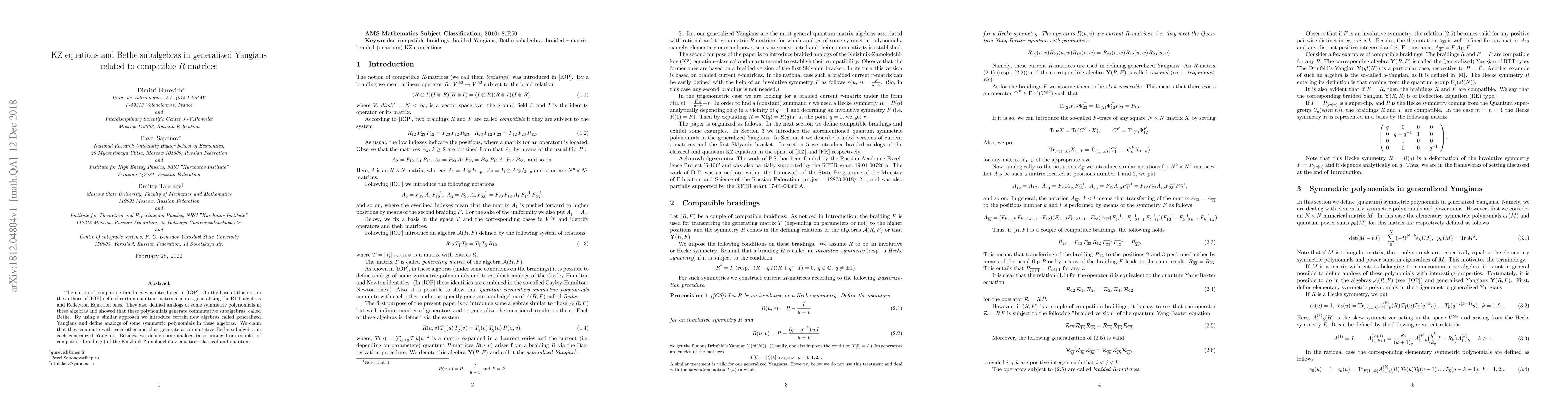 Thumbnail for KZ equations and Bethe subalgebras in generalized Yangians related to
  compatible R-matrices