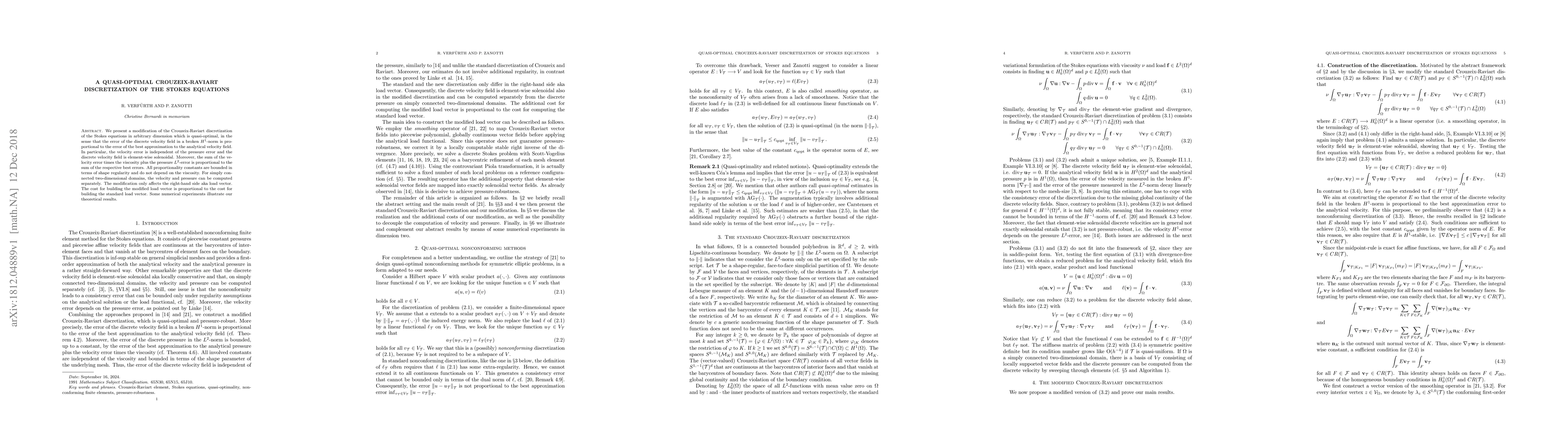 Thumbnail for A Quasi-Optimal Crouzeix-Raviart Discretization of the Stokes Equations