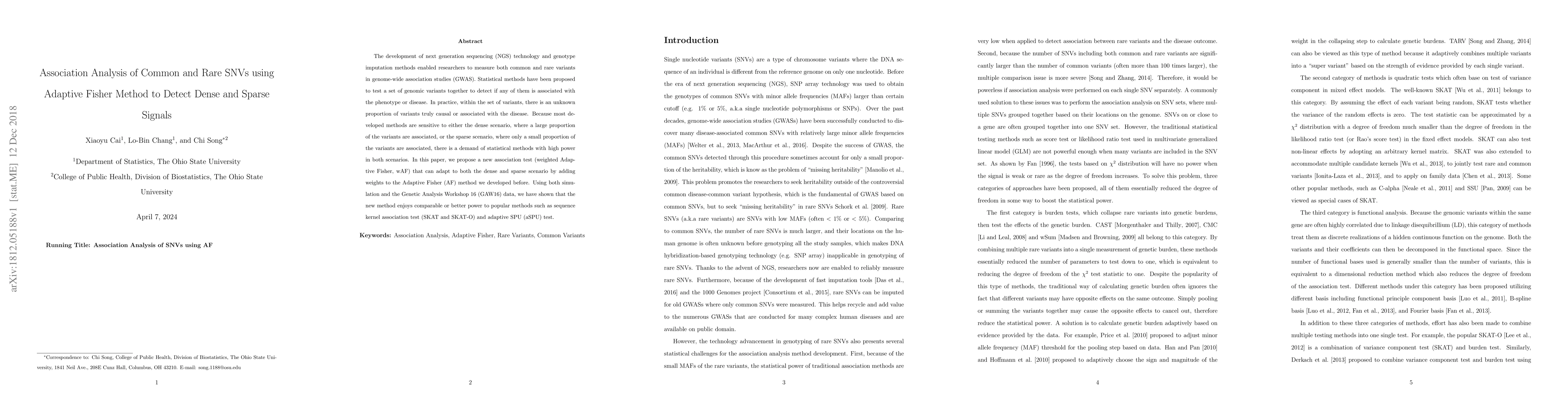 Thumbnail for Association Analysis of Common and Rare SNVs using Adaptive Fisher
  Method to Detect Dense and Sparse Signals