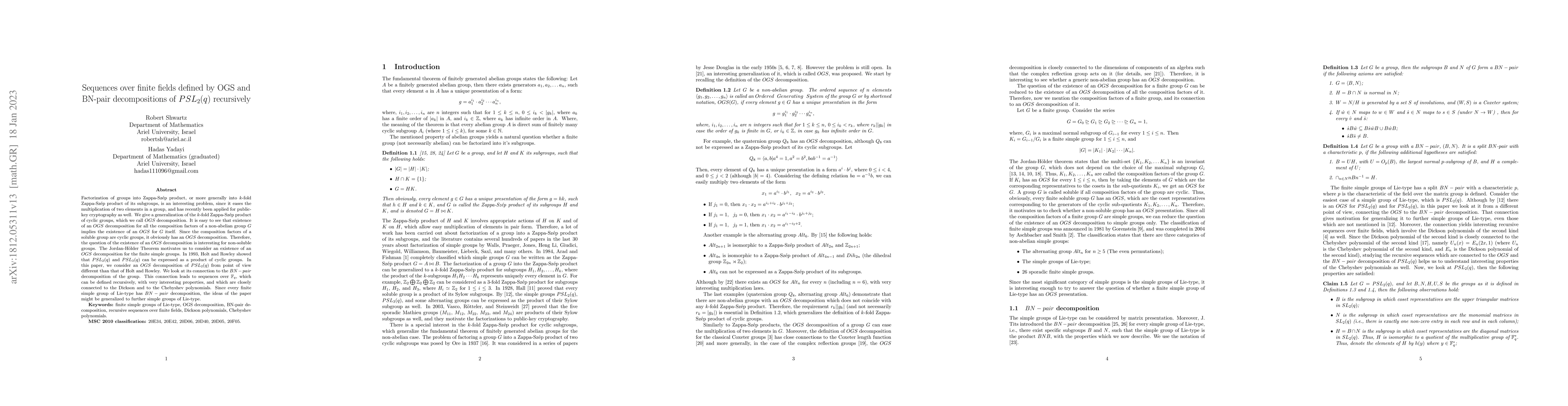 Thumbnail for Sequences over finite fields defined by OGS and BN-pair decompositions
  of PSL2(q) recursively