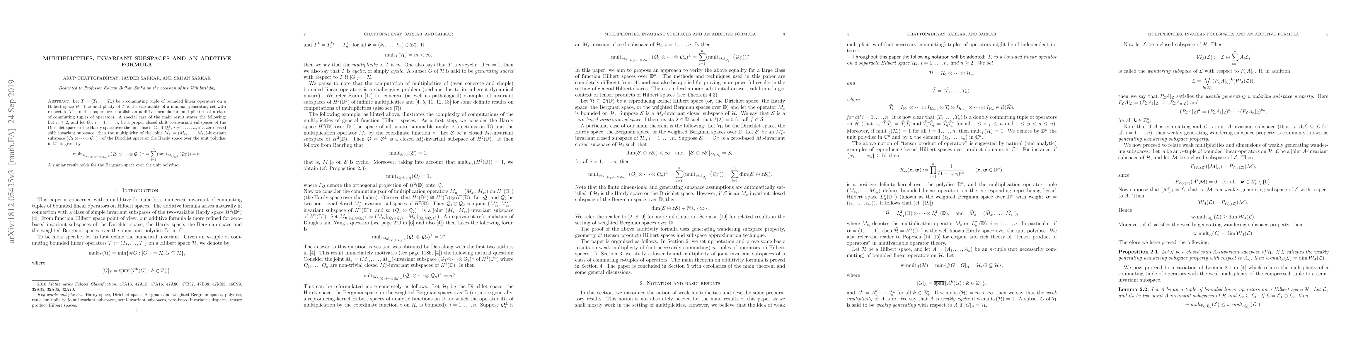 Thumbnail for Multiplicities, invariant subspaces and an additive formula
