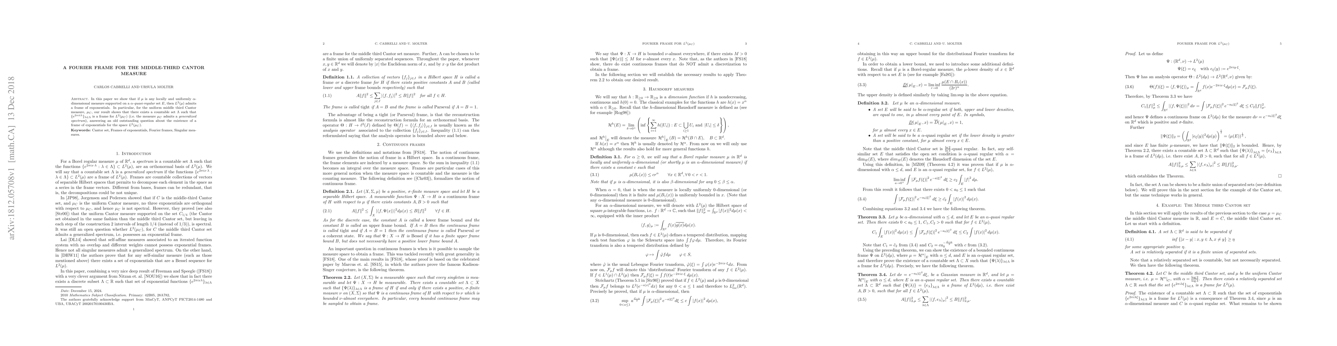 Thumbnail for A Fourier Frame for the Middle-Third Cantor Measure