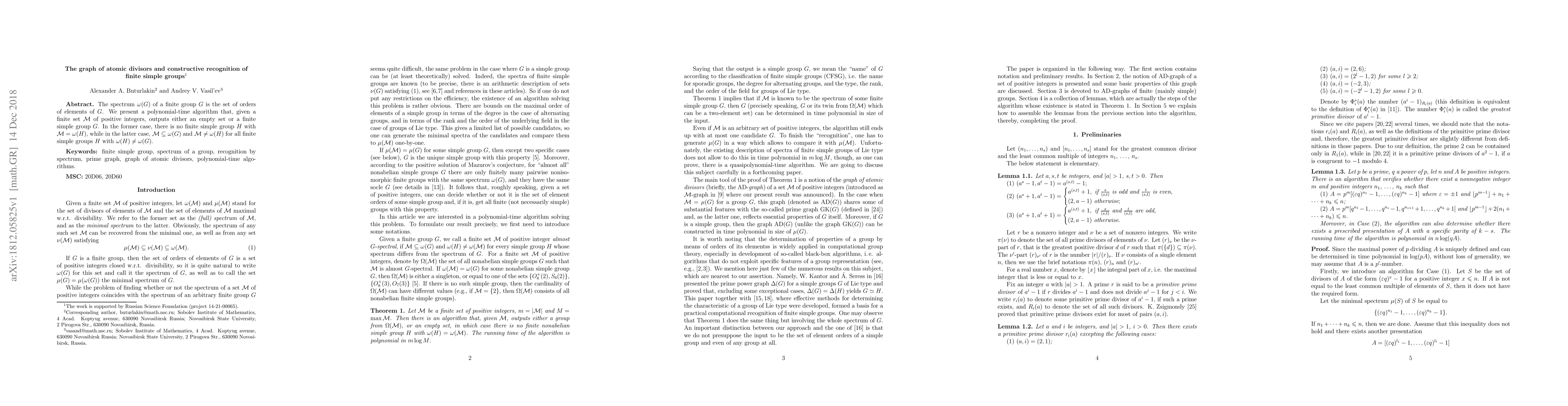 Thumbnail for The graph of atomic divisors and constructive recognition of finite
  simple groups