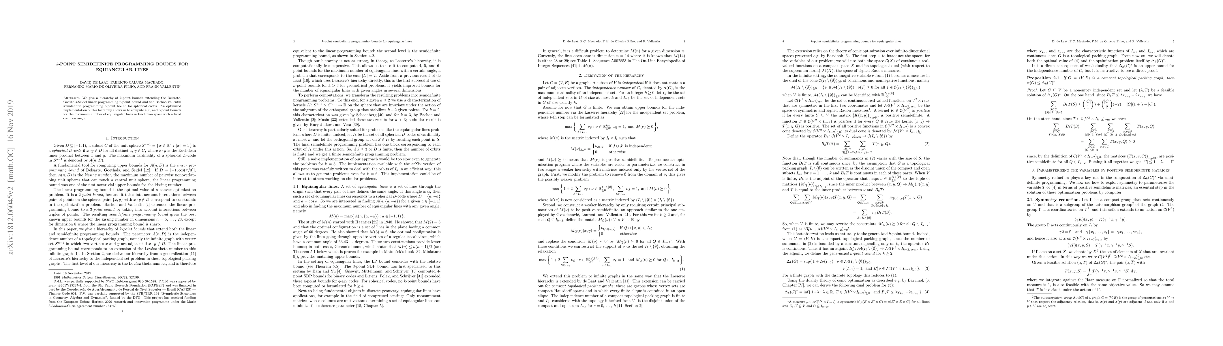 Thumbnail for $k$-point semidefinite programming bounds for equiangular lines