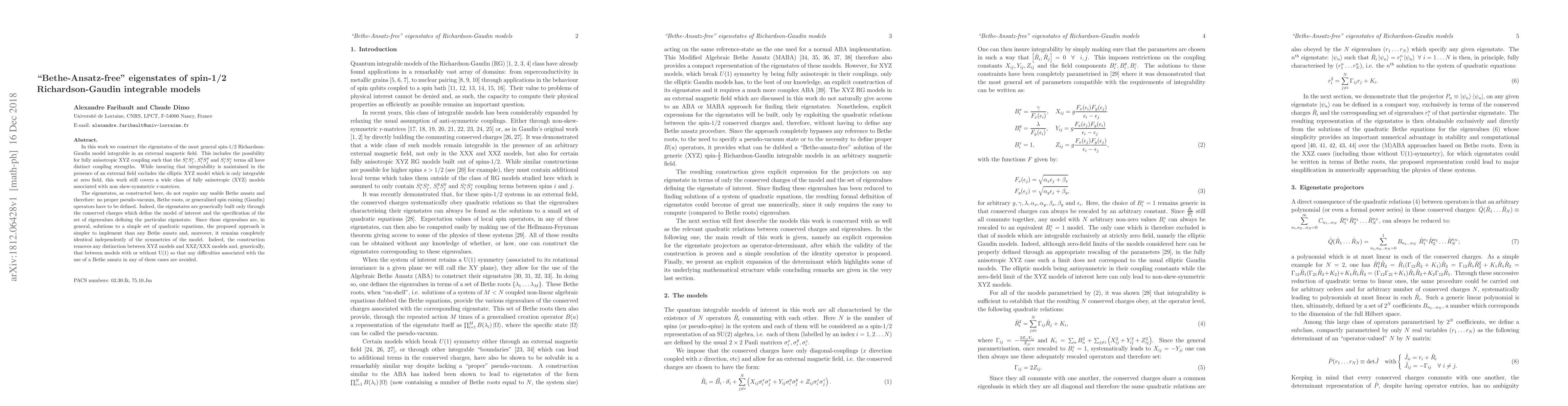 Thumbnail for "Bethe-Ansatz-free" eigenstates of spin-1/2 Richardson-Gaudin integrable
  models