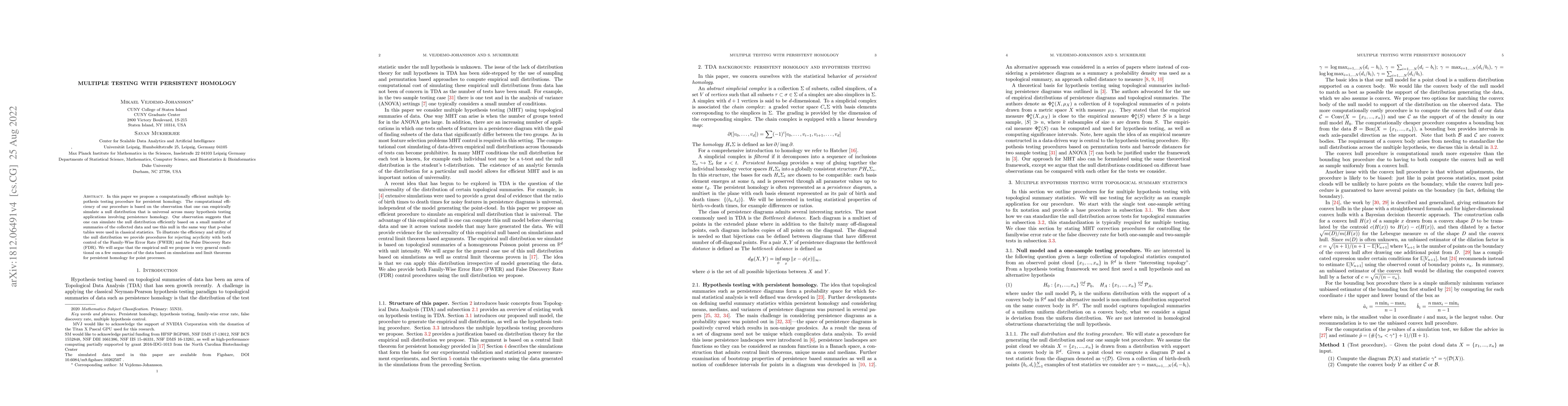 Thumbnail for Multiple testing with persistent homology