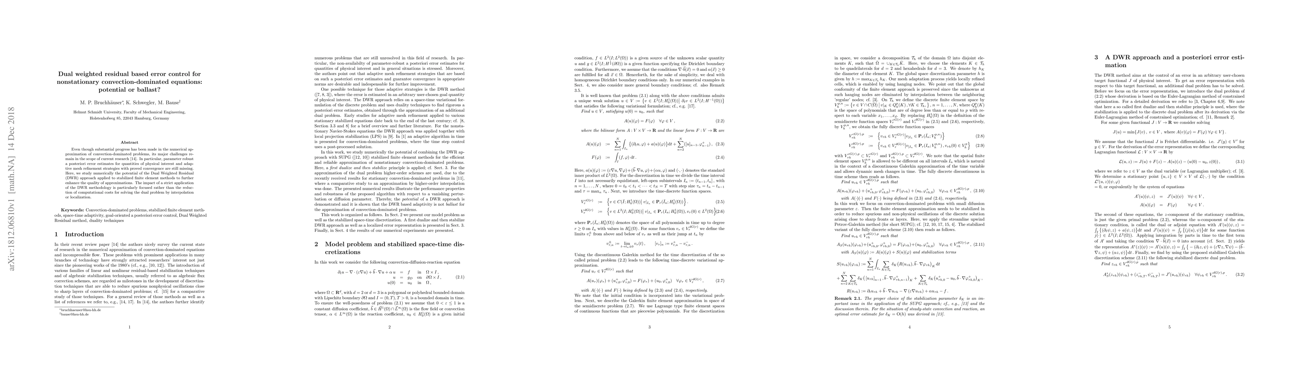 Thumbnail for Dual weighted residual based error control for nonstationary
  convection-dominated equations: potential or ballast?