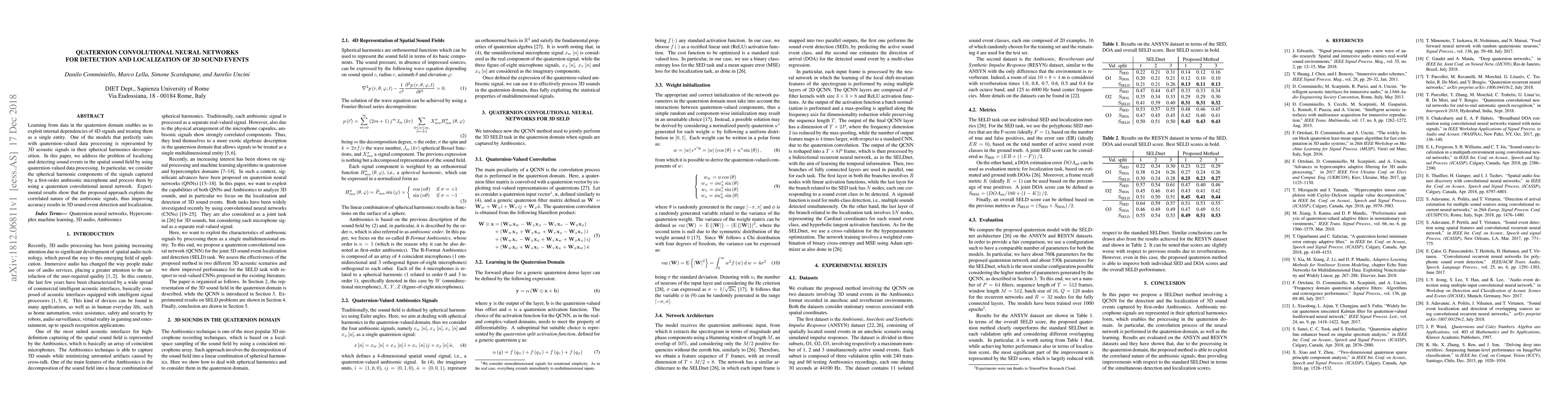 Thumbnail for Quaternion Convolutional Neural Networks for Detection and Localization
  of 3D Sound Events