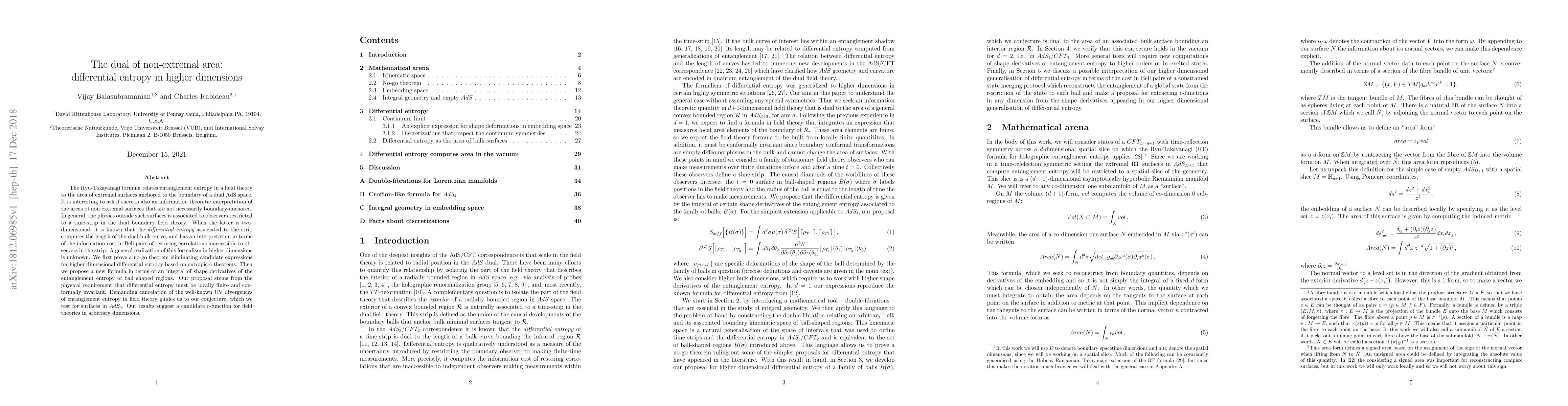 Thumbnail for The dual of non-extremal area: differential entropy in higher dimensions