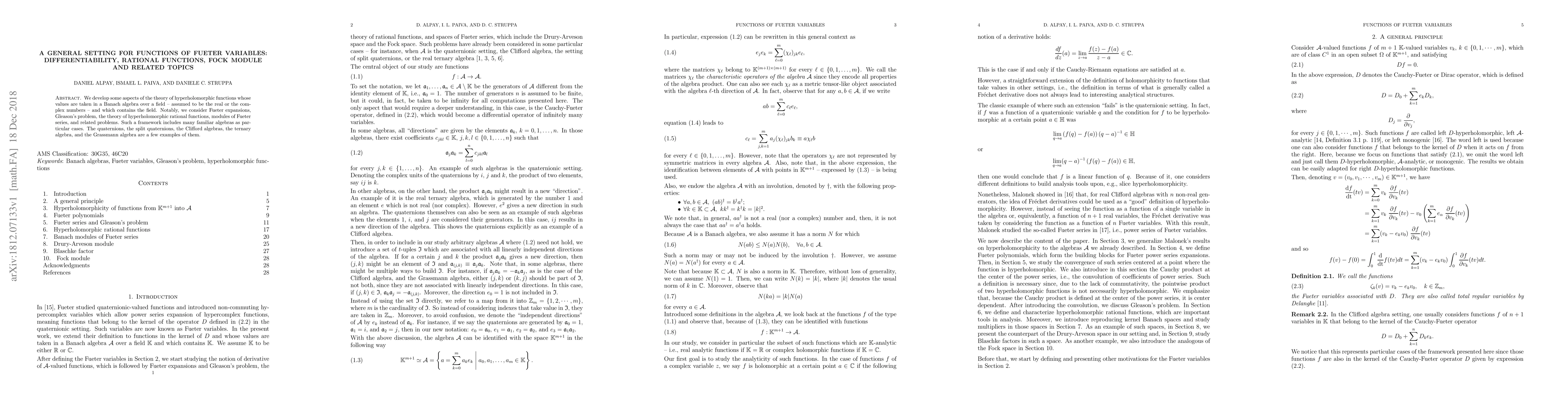 Thumbnail for A general setting for functions of Fueter variables: differentiability,
  rational functions, Fock module and related topics