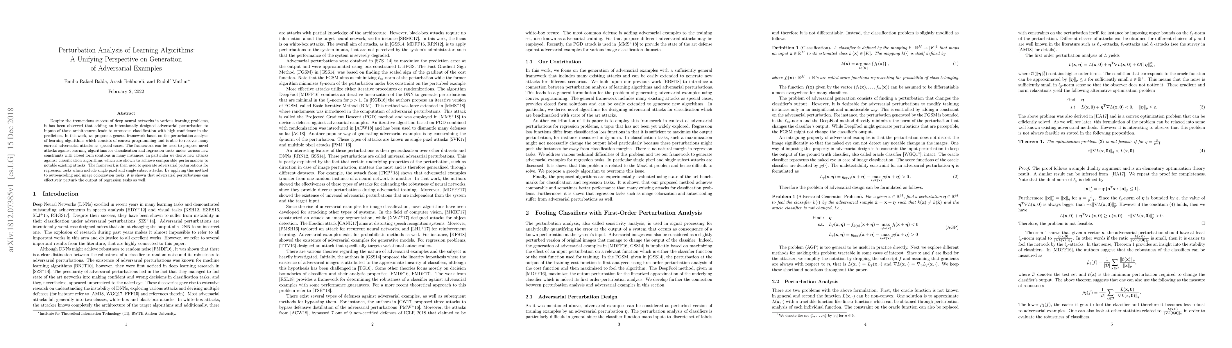 Thumbnail for Perturbation Analysis of Learning Algorithms: A Unifying Perspective on
  Generation of Adversarial Examples
