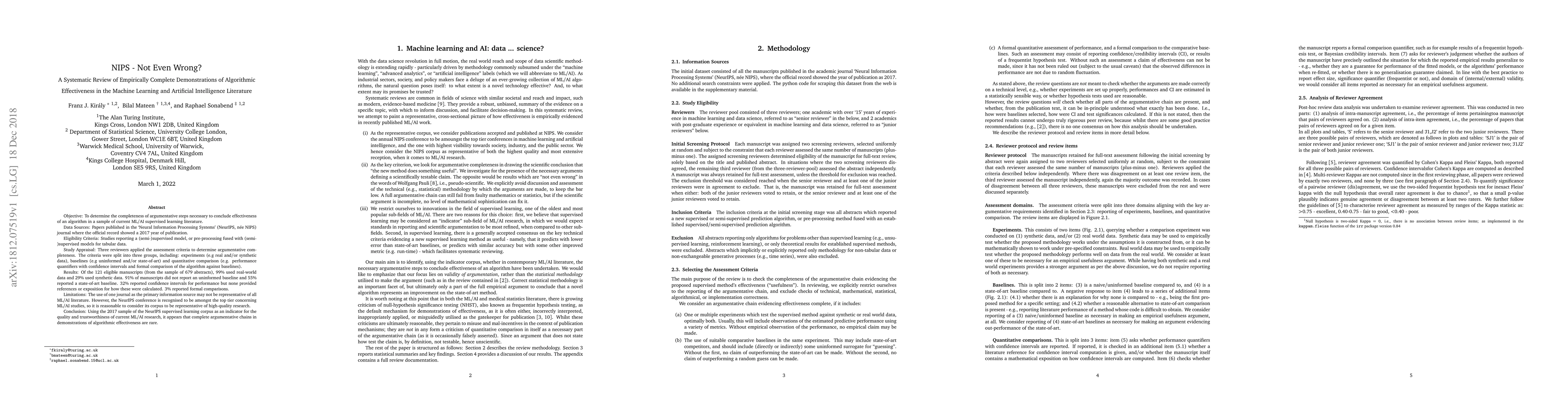 Thumbnail for NIPS - Not Even Wrong? A Systematic Review of Empirically Complete
  Demonstrations of Algorithmic Effectiveness in the Machine Learning and
  Artificial Intelligence Literature