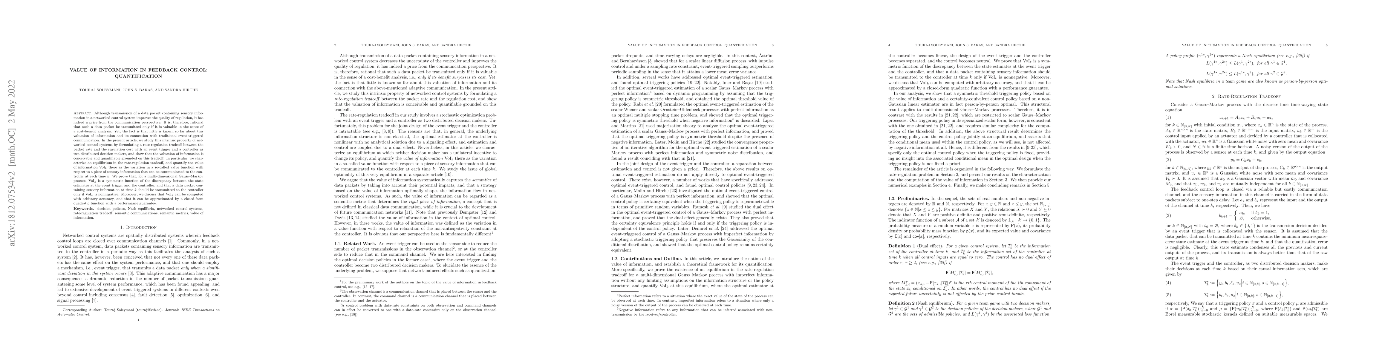Thumbnail for Value of Information in Feedback Control: Quantification