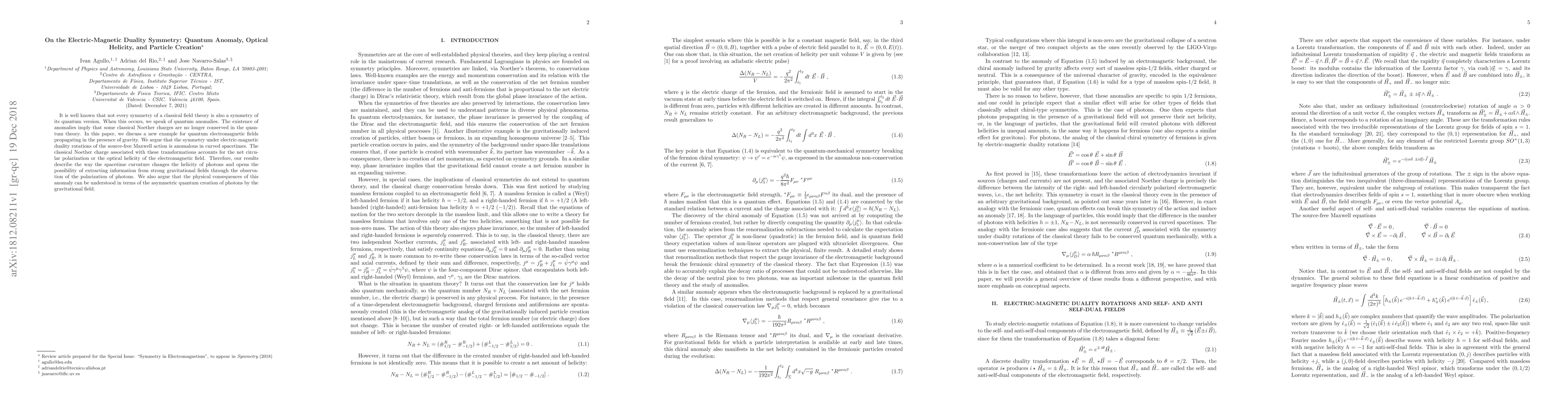 Thumbnail for On the Electric-Magnetic Duality Symmetry: Quantum Anomaly, Optical
  Helicity, and Particle Creation