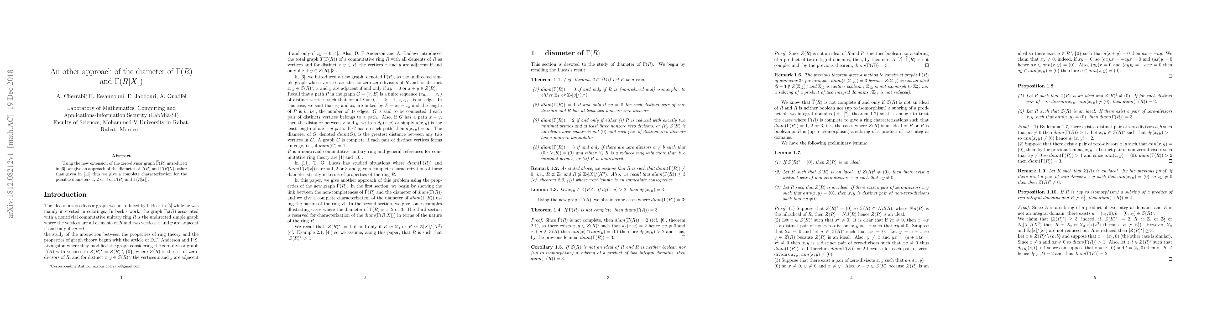 Thumbnail for An other approach of the diameter of $\Gamma(R)$ and $\Gamma(R[X])$