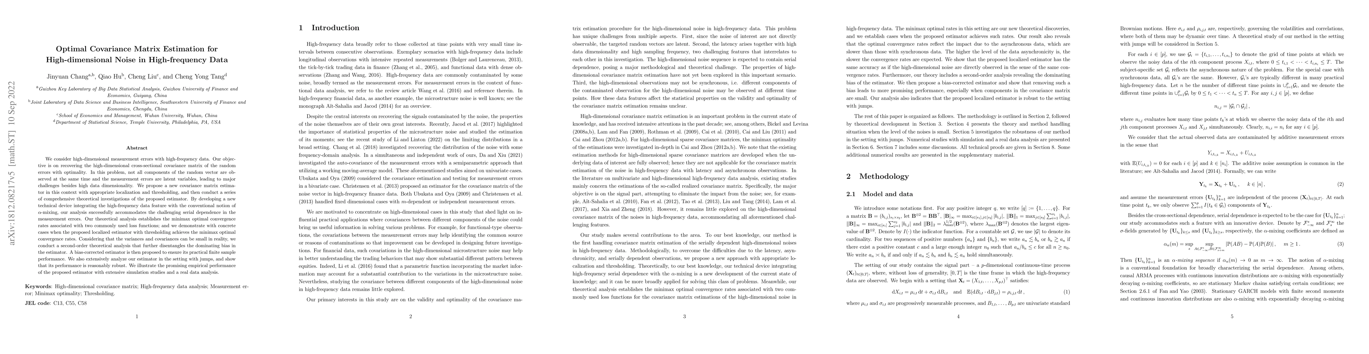 Thumbnail for Optimal covariance matrix estimation for high-dimensional noise in
  high-frequency data