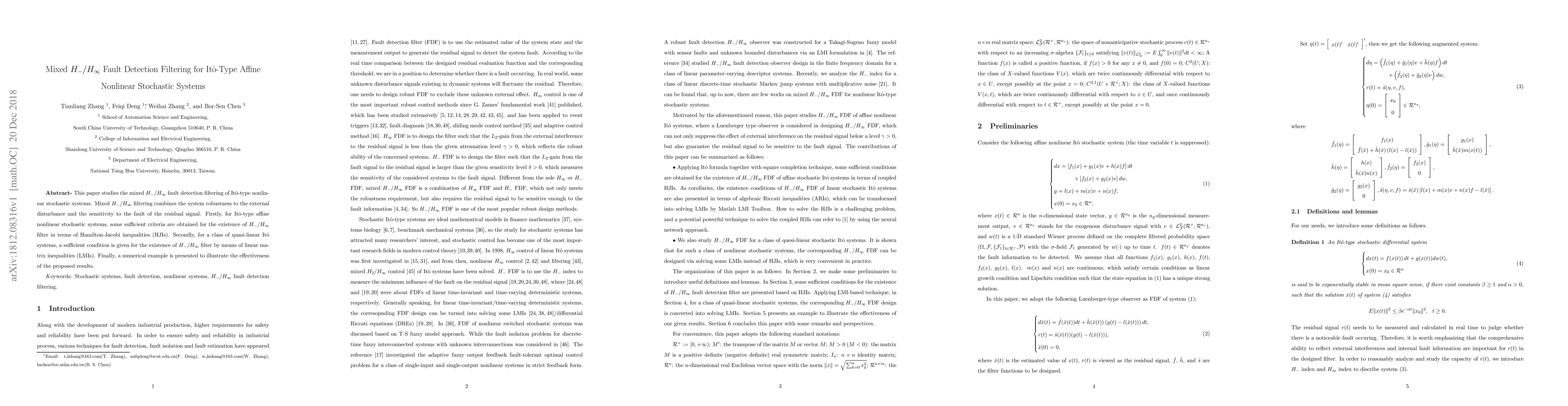 Thumbnail for Mixed $H_-/H_{\infty}$ Fault Detection Filtering for It\^o-Type Affine
  Nonlinear Stochastic Systems