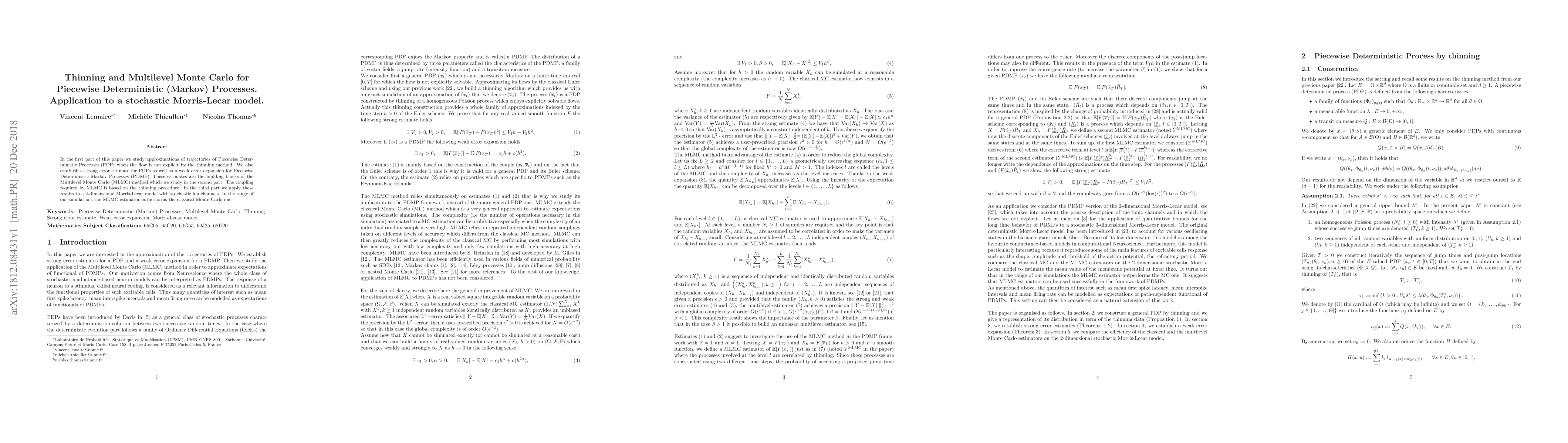 Thumbnail for Thinning and Multilevel Monte Carlo for Piecewise Deterministic (Markov)
  Processes. Application to a stochastic Morris-Lecar model