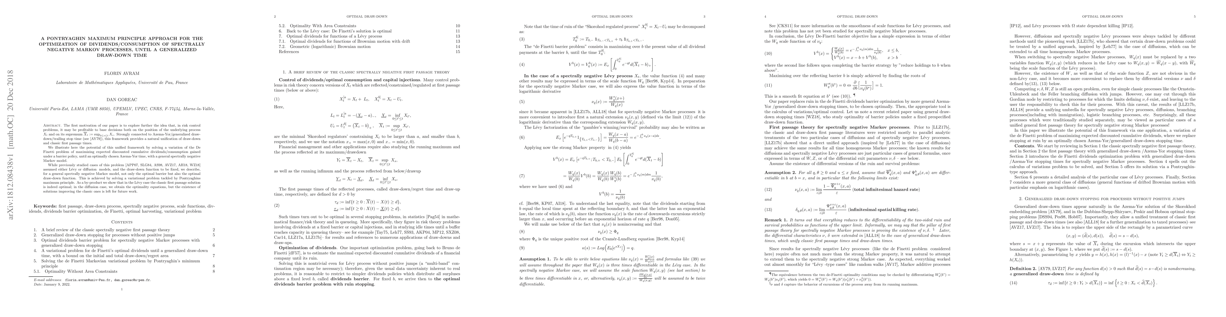 Thumbnail for A Pontryaghin Maximum Principle Approach For The Optimization Of
  Dividends/consumption Of Spectrally Negative Markov Processes, Until A
  Generalized Draw-down Time