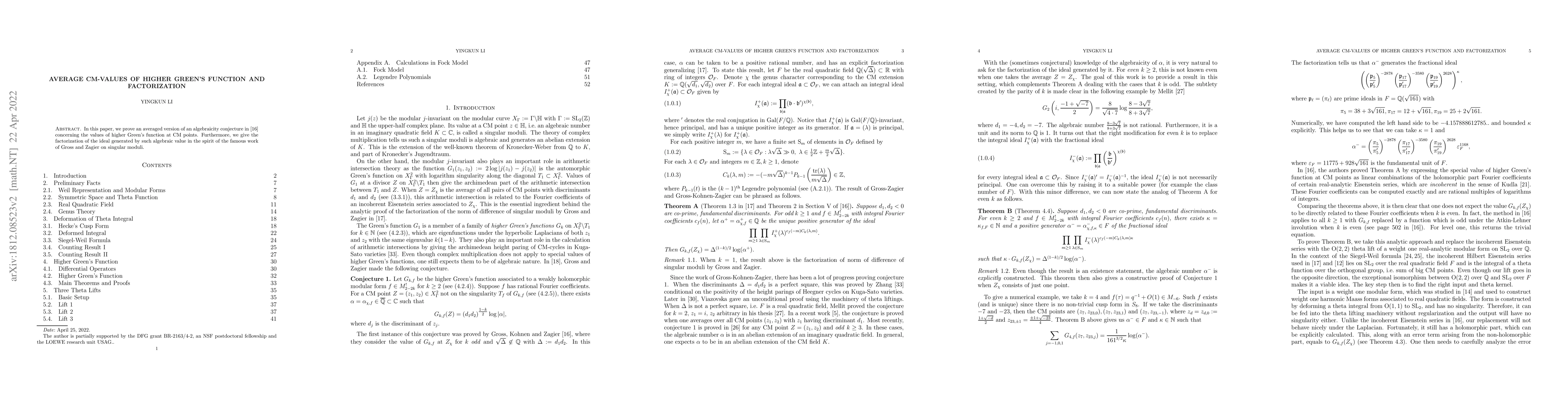 Thumbnail for Average CM-values of Higher Green's Function and Factorization