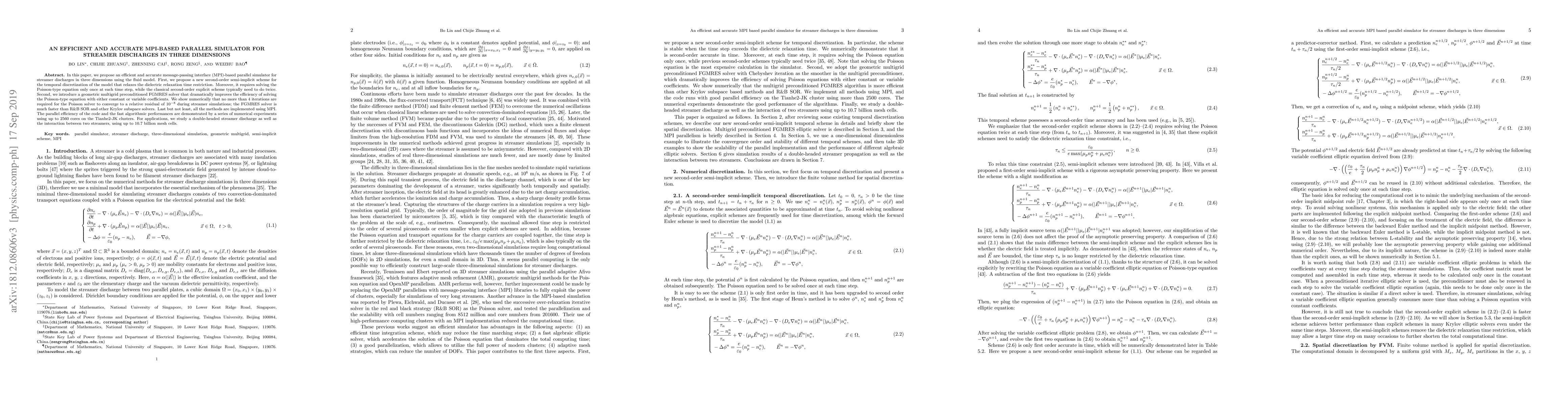 Thumbnail for An efficient and accurate MPI based parallel simulator for streamer
  discharges in three dimensions
