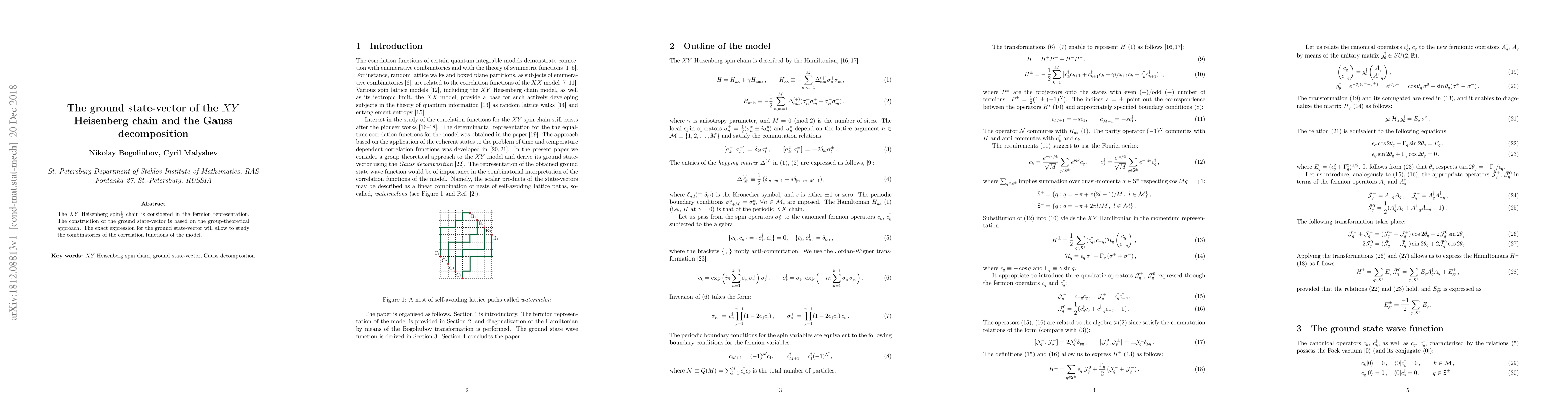 Thumbnail for The ground state-vector of the XY Heisenberg chain and the Gauss
  decomposition