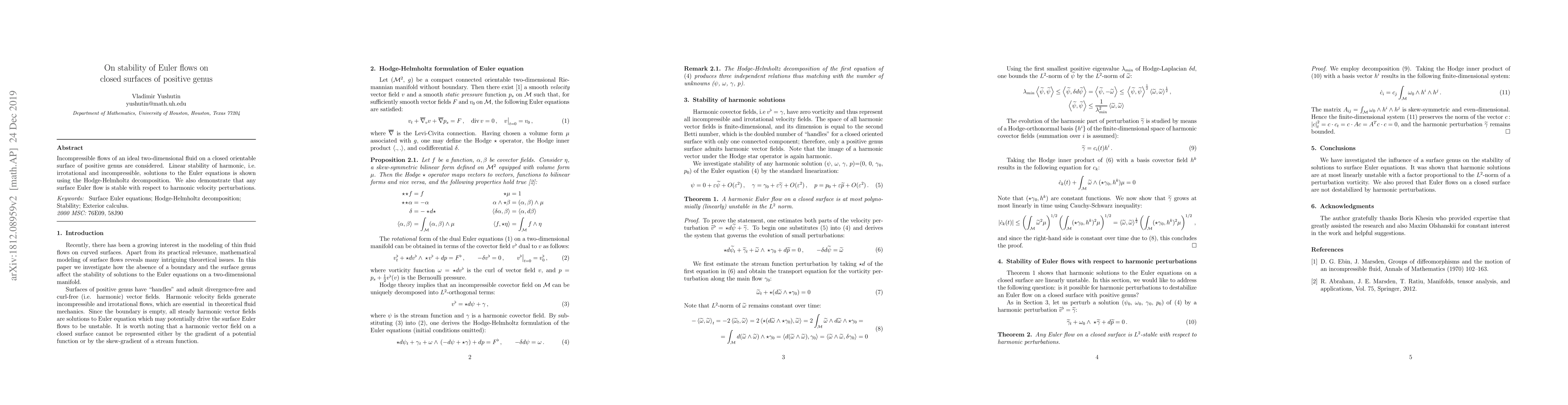Thumbnail for On stability of Euler flows on closed surfaces of positive genus