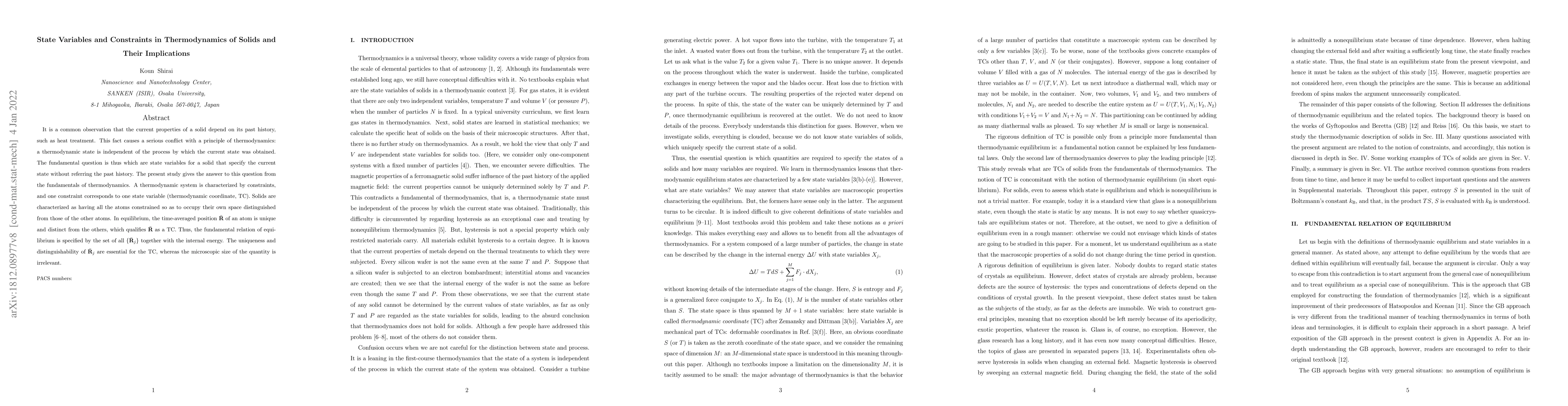 Thumbnail for State Variables and Constraints in Thermodynamics of Solids and Their
  Implications