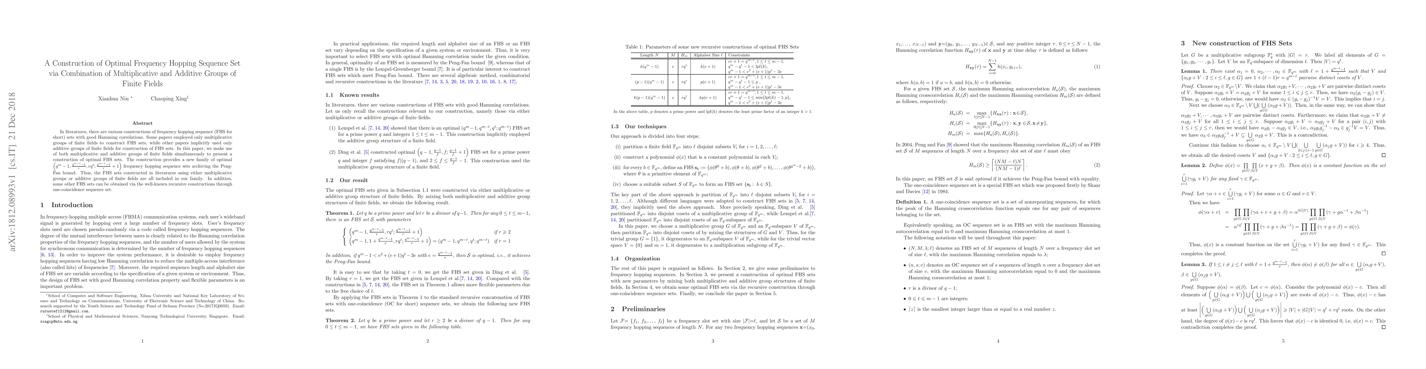 Thumbnail for A Construction of Optimal Frequency Hopping Sequence Set via Combination
  of Multiplicative and Additive Groups of Finite Fields