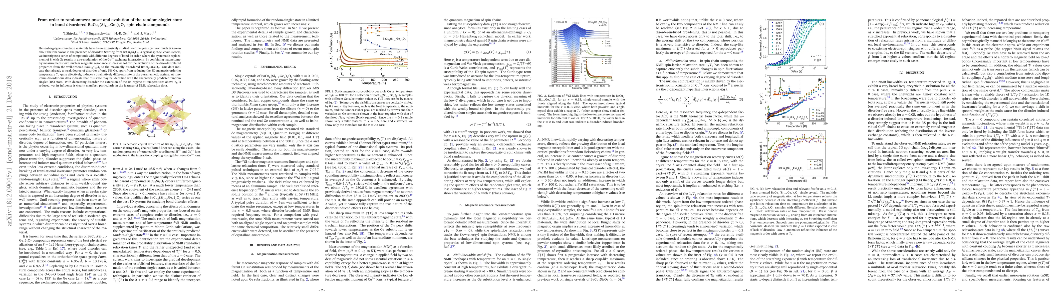 Thumbnail for From order to randomness: Onset and evolution of the random-singlet
  state in bond-disordered BaCu$_2$(Si$_{1-x}$Ge$_x$)$_2$O$_7$ spin-chain
  compounds
