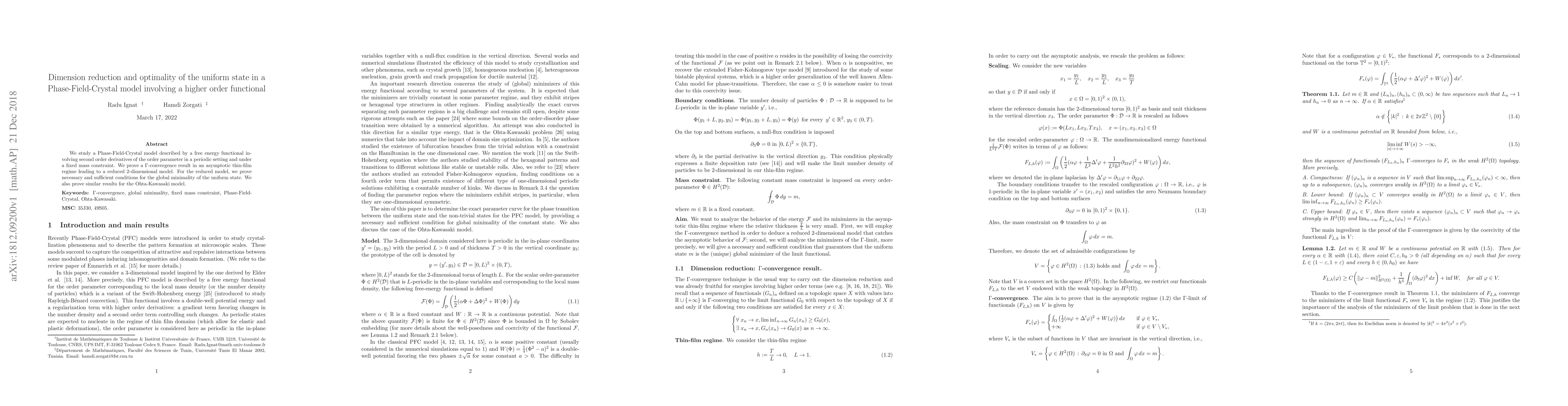 Thumbnail for Dimension reduction and optimality of the uniform state in a
  Phase-Field-Crystal model involving a higher order functional