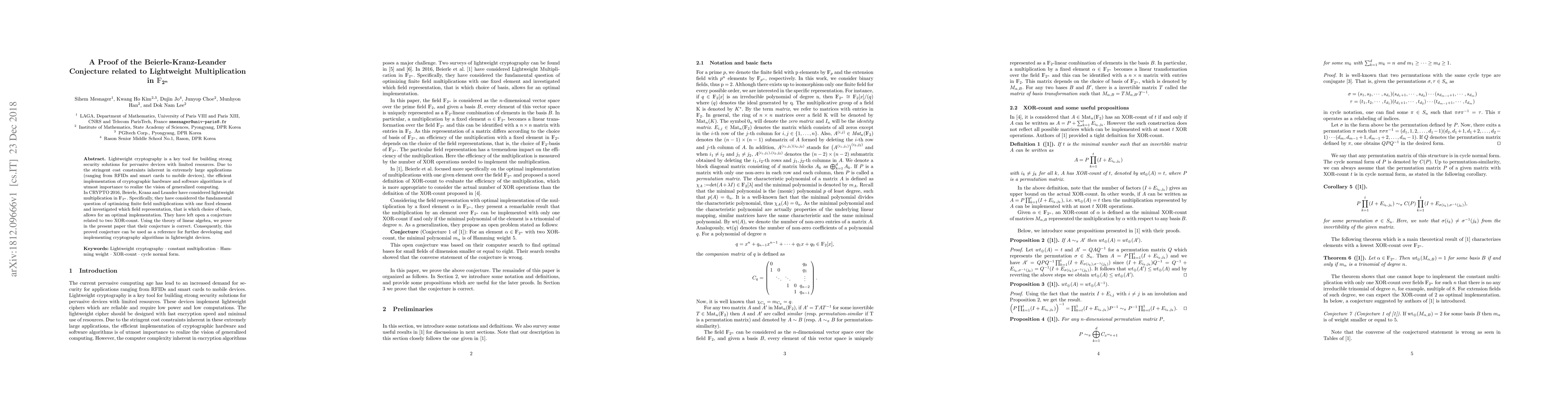 Thumbnail for A Proof of the Beierle-Kranz-Leander Conjecture related to Lightweight
  Multiplication in $\mathds{F}_{2^n}$