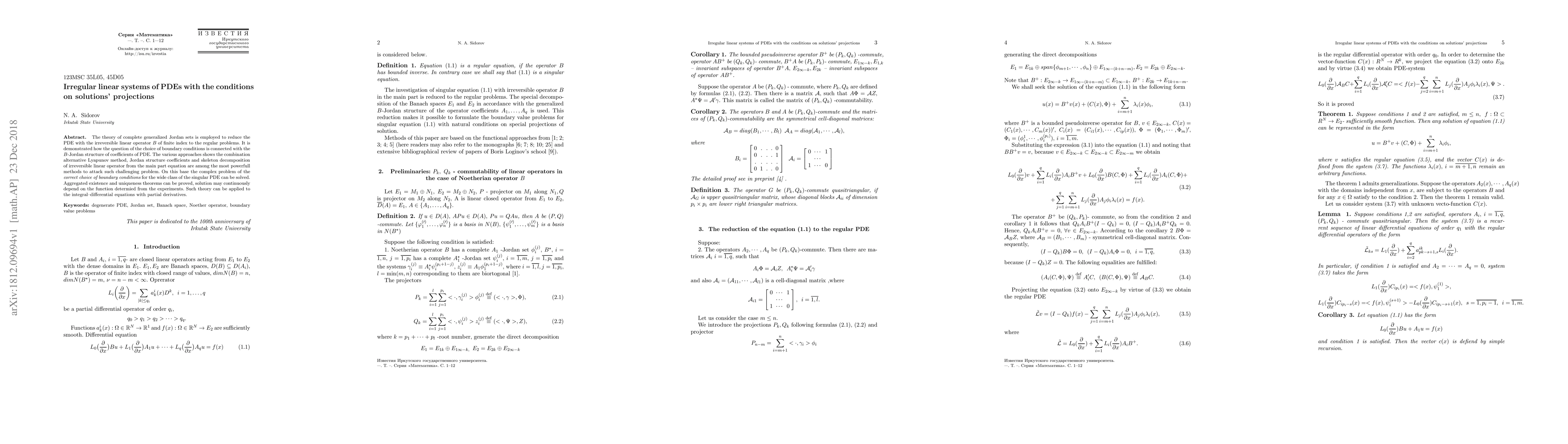 Thumbnail for Irregular linear systems of PDEs with the conditions on solutions'
  projections