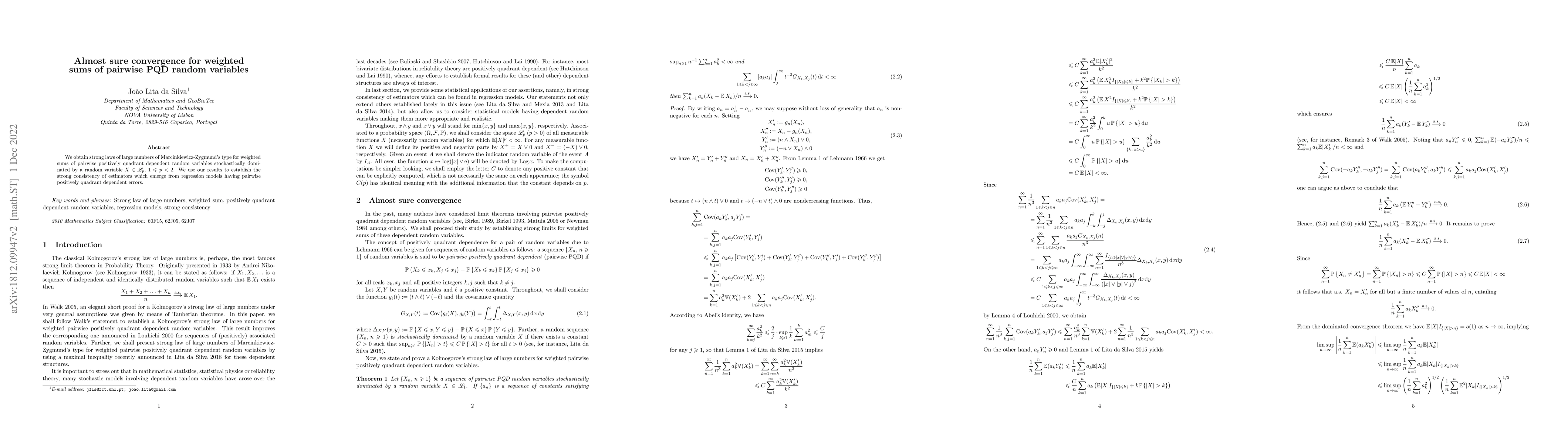 Thumbnail for Almost sure convergence for weighted sums of pairwise PQD random
  variables