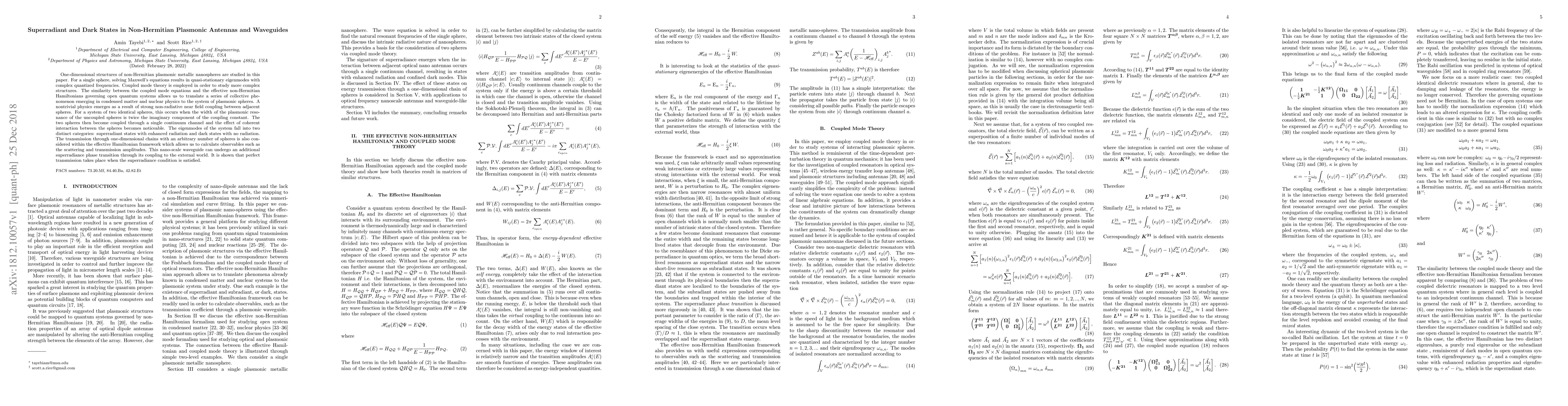 Thumbnail for Superradiant and Dark States in Non-Hermitian Plasmonic Antennas and
  Waveguides